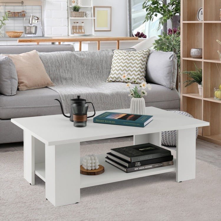 Large 36-inch white wooden coffee table with two-tier storage shelf, perfect for living room or bedroom use.